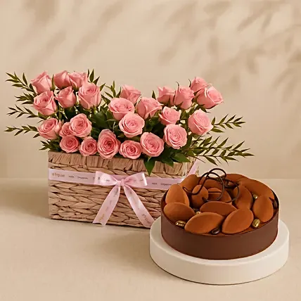 Pink Spray Roses Basket with Tiramisu Cake: Flower Shop