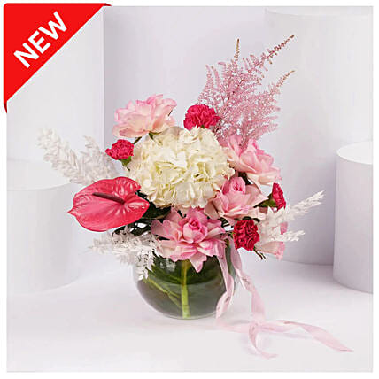 Blushing Blossom Arrangement in Glass Vase: New Arrival Flowers