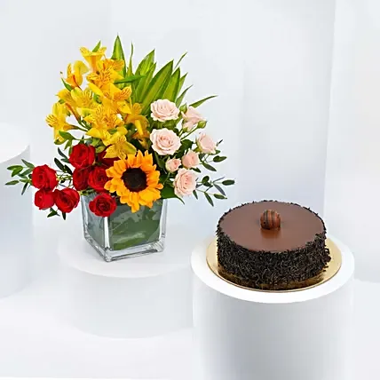 Delightful Birthday Chocolate Cake and Flowers: Anniversary Flowers & Cakes