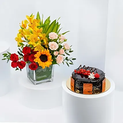 Eggless Chocolate Truffle Cake and Flowers Combo: 