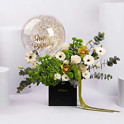 Happy Birthday Floral Box with Balloon: Flower Boxes