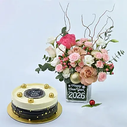 New Year Wishes Combo: New Year Flowers & Cakes