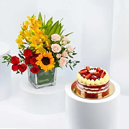 Red Velvet Cake and with Mix Flowers: Birthday Combos