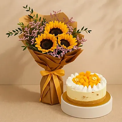 Sunflower Bouquet With Mango Cheese Cake: 