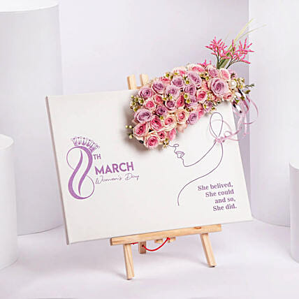 Happy Womens Day Canvas With Pink Roses: Womens Day Combos