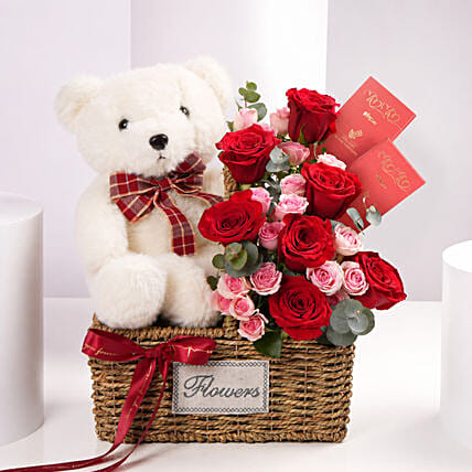 Teddy Bear With Red Roses Basket Arrangement: 