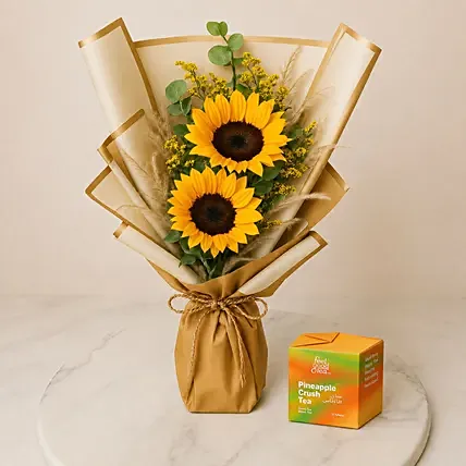 Sunflowers with Feel Good Tea Box: 
