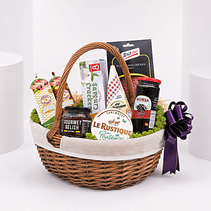 Cheese Salami and Condiments Basket: Thanksgiving Day Gifts