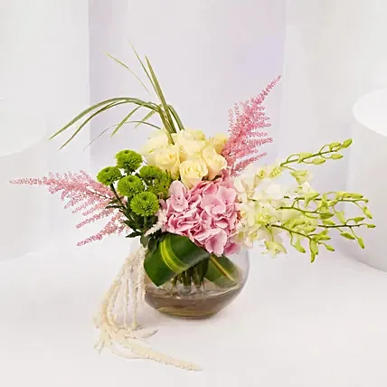 Serene Bloom Arrangement in Glass Vase: Vase Arrangements