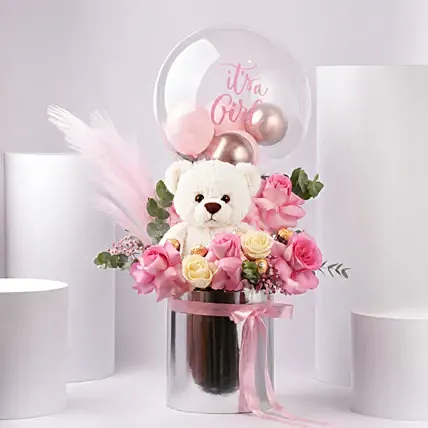 New Born Girl Bloom Hug Box: Flowers and Balloons