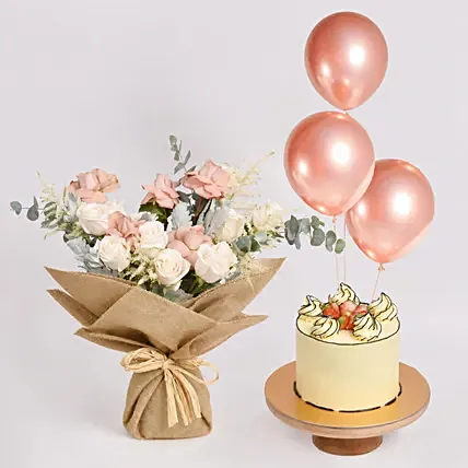Rose Affection Cake and Balloons: Boss Day Flowers
