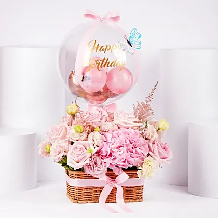 Pink Birthday Flower Basket With Balloon: Gift Set 