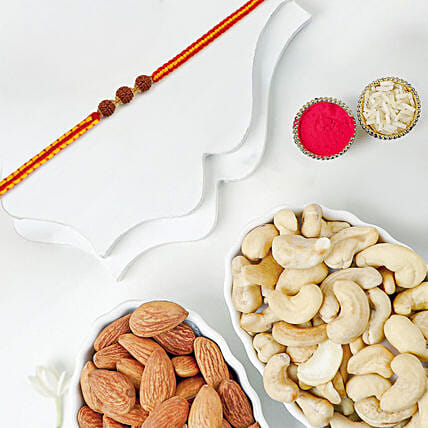 Traditional Rudraksha Rakhi With Cashews And Almonds: Rudraksha Rakhi