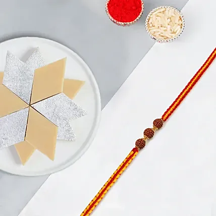 Traditional Rudraksha Rakhi With Kaju Katli: Rudraksha Rakhi 