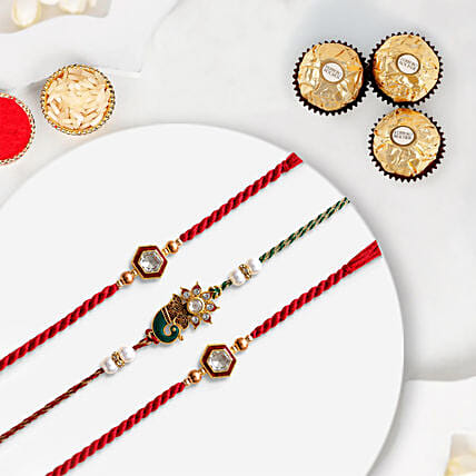 Traditional Ethnic Rakhi Set Of 3 With Ferrero Rocher 3 Pcs: Set of 3 Rakhi