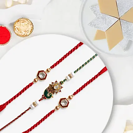 Traditional Ethnic Rakhi Set Of 3 With Kaju Katli: Set of 3 Rakhi