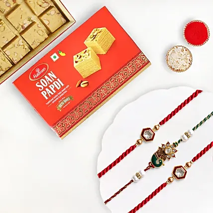 Traditional Ethnic Rakhi Set Of 3 With Soan Papdi: Set of 3 Rakhi