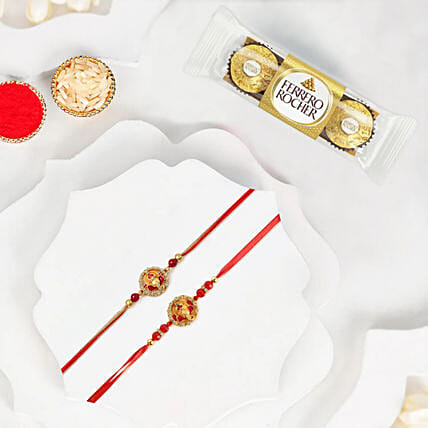 Ganesha Rakhi Set Of 2 With Ferrero Rocher 3 Pcs: Rakhi for Bhaiya Bhabhi