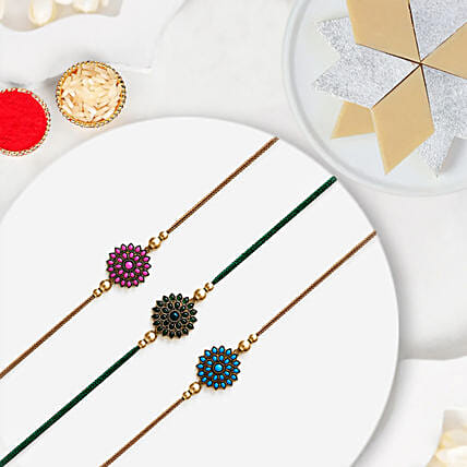 Beads Rakhi Set Of 3 With Kaju Katli: Set of 3 Rakhi