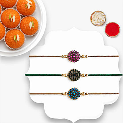 Beads Rakhi Set Of 3 With Motichoor Laddoo: Set of 3 Rakhi