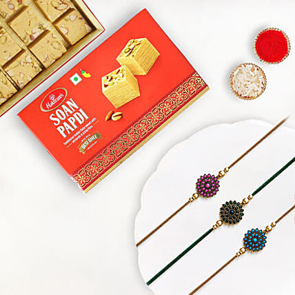 Beads Rakhi Set Of 3 With Soan Papdi: Set of 3 Rakhi