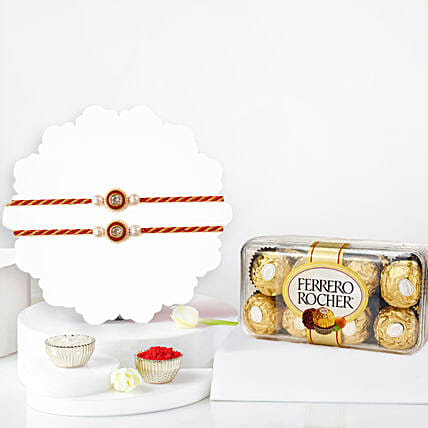 Classic Pearl Rakhi Set Of 2 With Ferrero Rocher 16 Pcs: Set of 2 Rakhi 