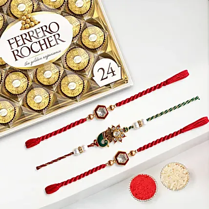 Traditional Ethnic Rakhi Set Of 3 With Ferrero Rocher 32 Pcs: Set of 3 Rakhi