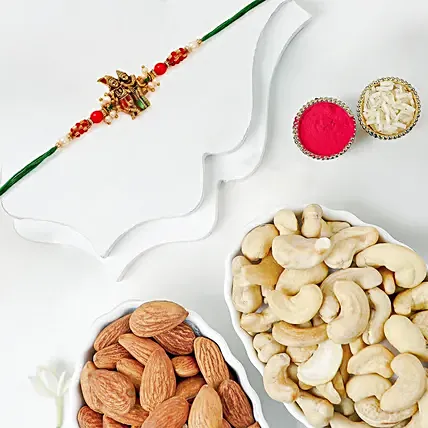 Sneh Gold Radha Krishna Pearl Rakhi With Cashews And Almonds: Rakhi With Dryfruits 