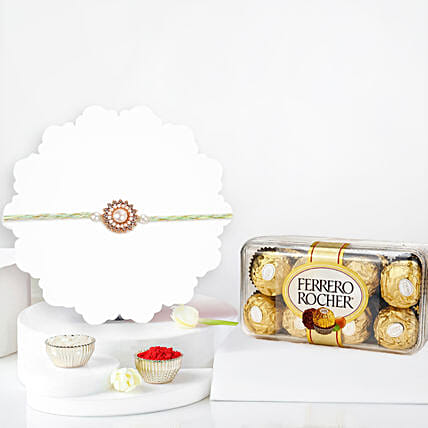 Gold Floral Pearl Rakhi Ferrero Rocher 16 Pcs: Rakhi With Chocolates 