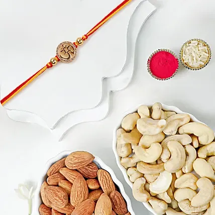 Gold Om Mauli Rakhi With Cashews And Almonds: Rakhi With Dryfruits