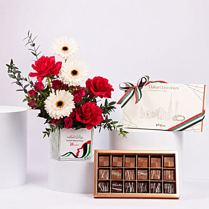 Luxury Emirati Womens Day Flower Arrangement And Dubai Chocolate: UAE National Day Gifts