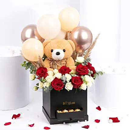 Teddy Balloon and Flower Box with Chocolates: Christmas Combo Gifts