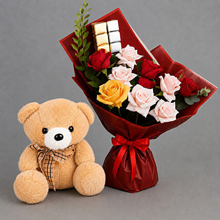 Classic Blooms and Chocolates with Teddy bear: Flowers and Teddy Bears