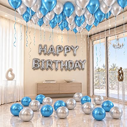 Happy Birthday Blue and Silver Balloon Decor: Experiential Gifts in Dubai