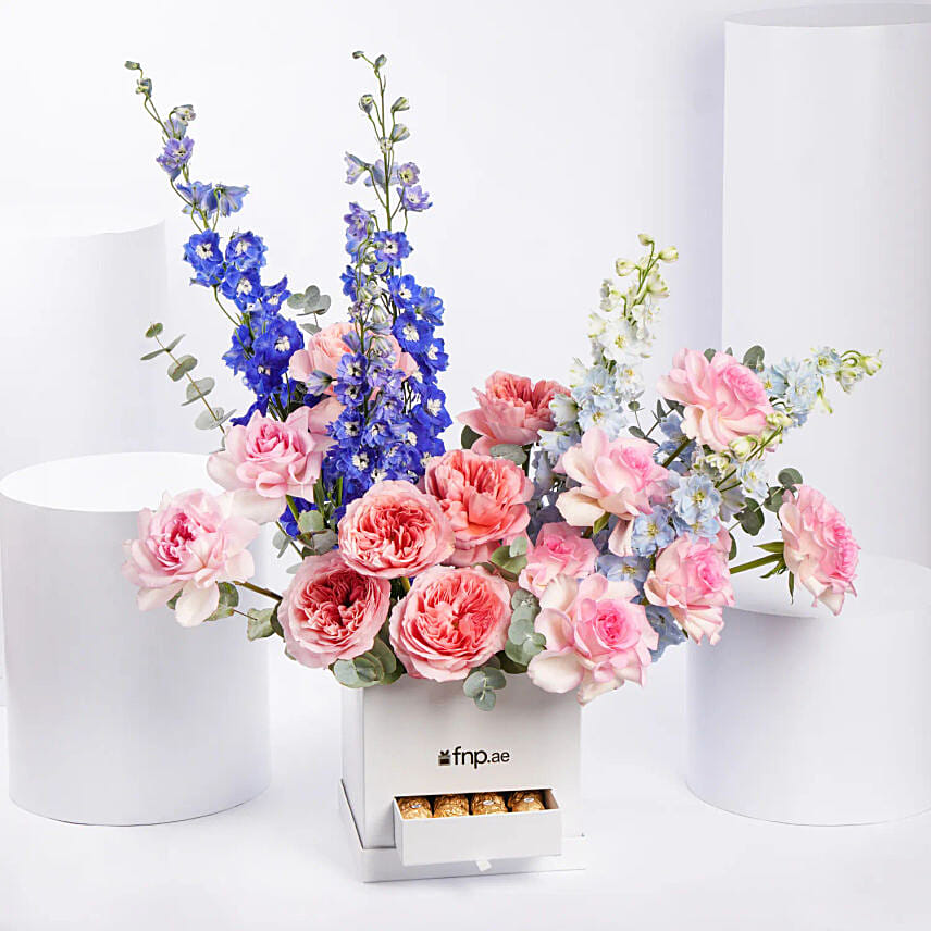 Garden Roses and Delphinium Arrangement: Send Flowers to Oman