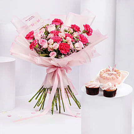Carnations And Roses Bouquet And Cakes: 
