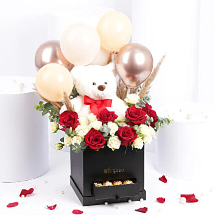 Teddy Balloon And Flower Box With Chocolates: Valentines Day Gifts to Oman