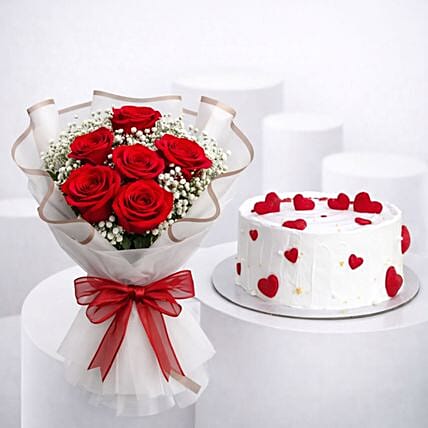 Red Roses Heart Surprise Box with Cake: Valentines Day Gifts to Oman