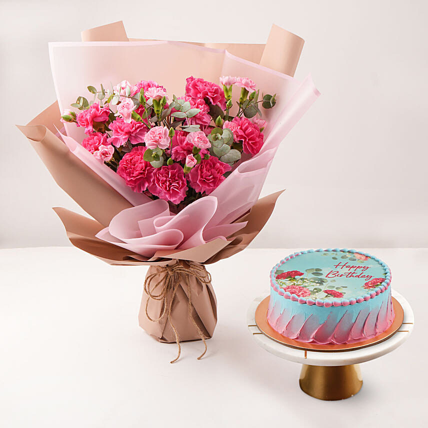 Birthday Wish Carnation Bouquet And Cake: Send Chocolate Cakes To Qatar