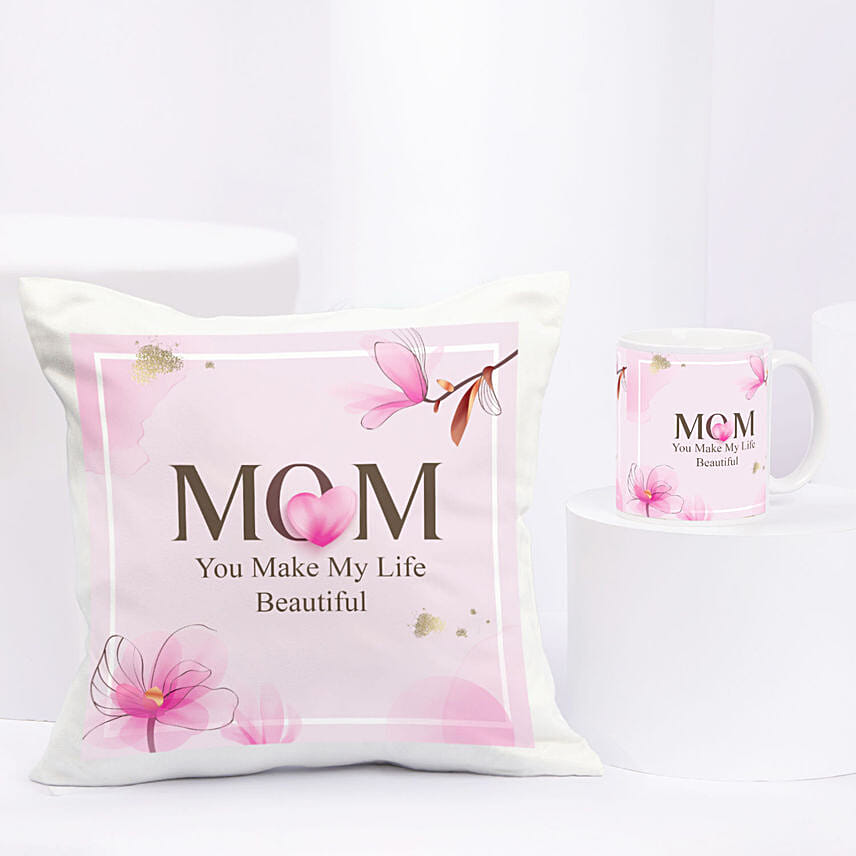 MOM is Life Cushion & Mug: Send Mothers Day Gifts to Qatar