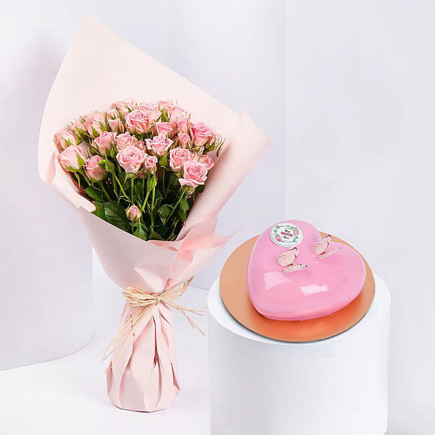 Pink Spray Roses & Heart Shaped Cake: توصيل كيك و ورد في قطر