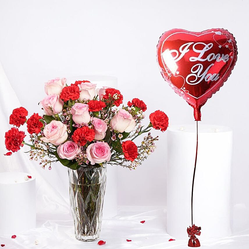 Valentine Flower Vase n Heart Shape Balloon Combo: Send Balloons To Qatar 