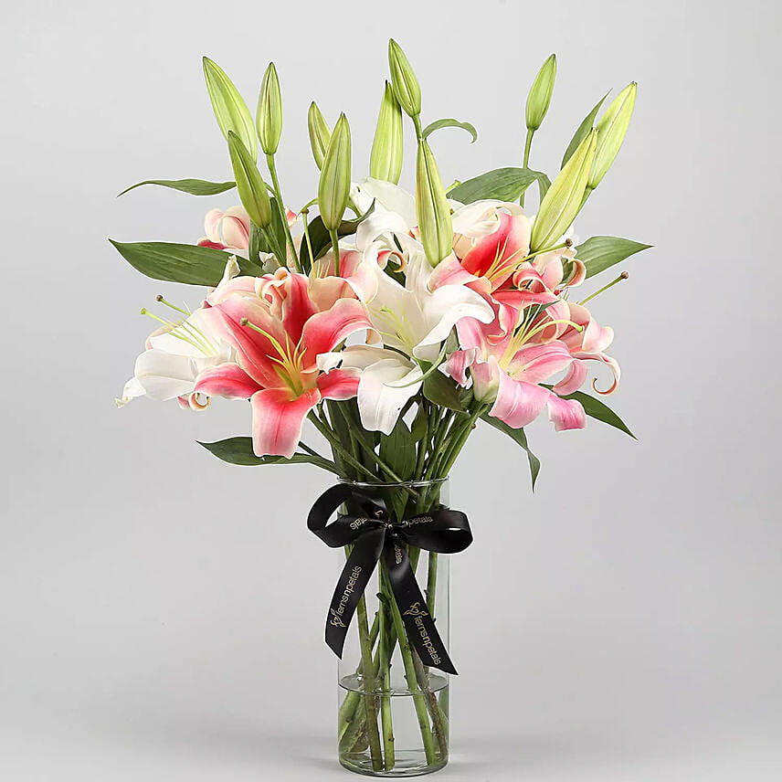 White and Pink Lily Arranagement Standard: 