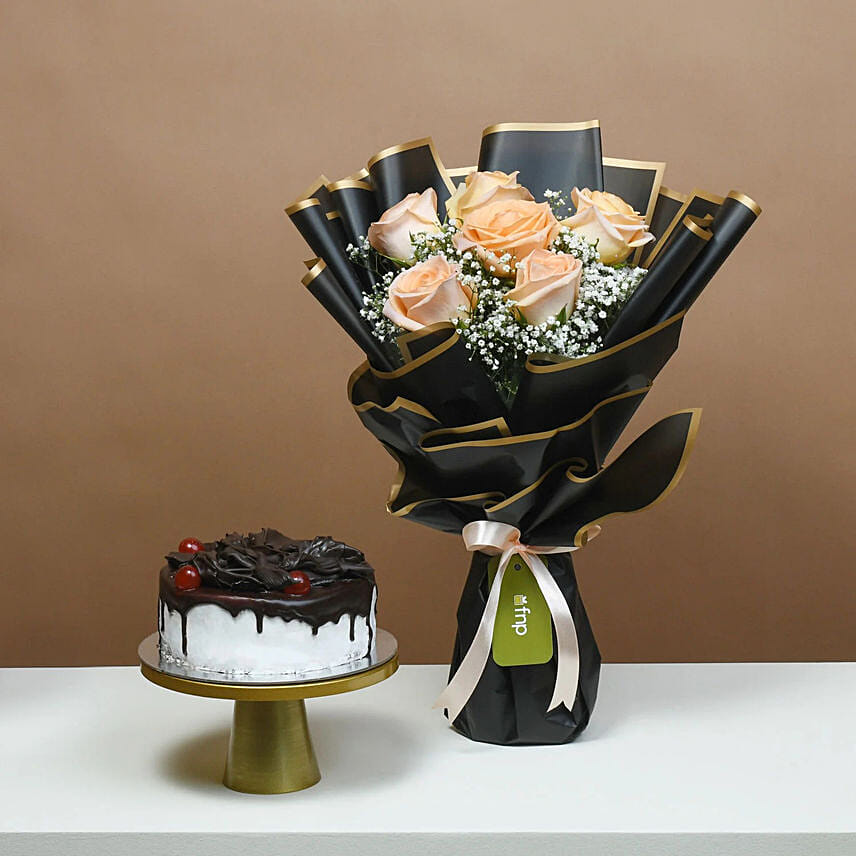 Dreamy Rose Ensemble with Cake: Send Black Forest Cakes To Qatar