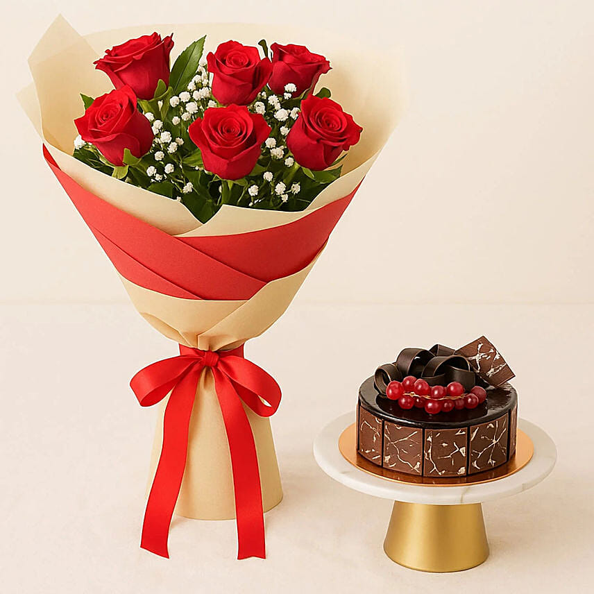 Red Love Roses Bouquet With Chocolate Cake: Send Combos To Qatar