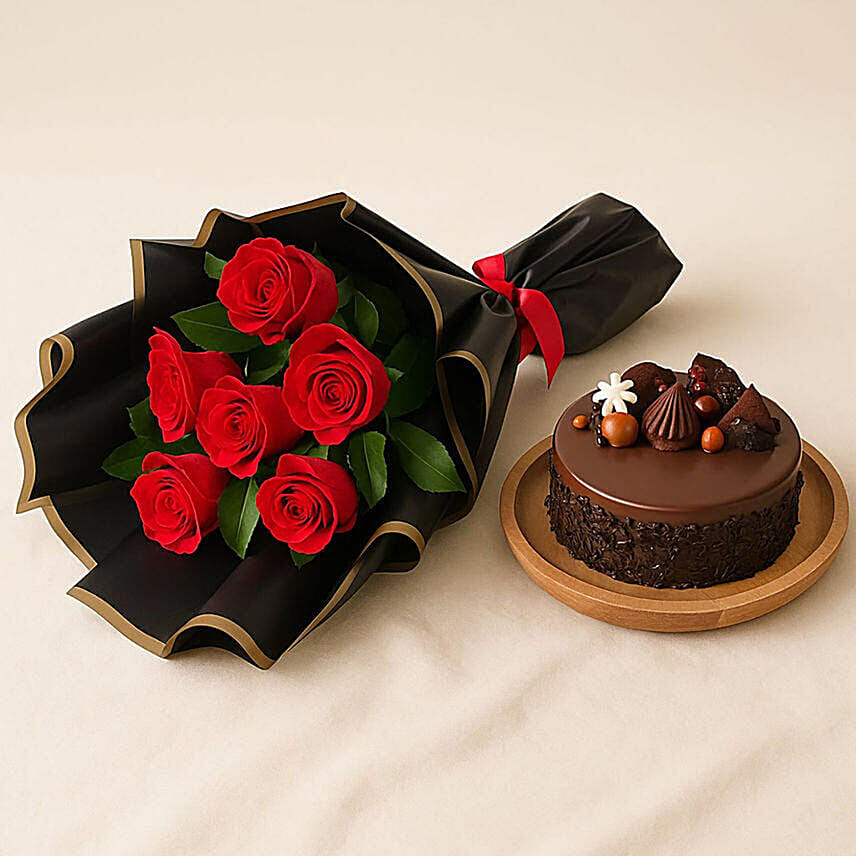 Chocolate Cake with Bunch of 6 Red Roses: Send Combos To Qatar