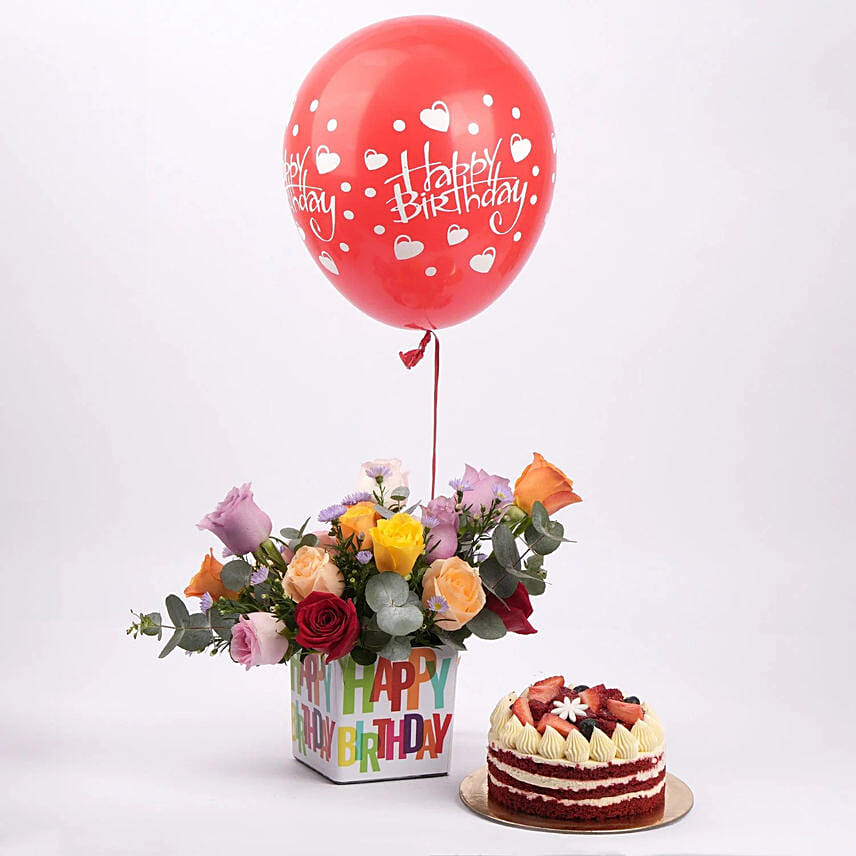 Joyous Birthday Wishes Flowers Vase with Cake N Balloon: Send Cakes to Qatar