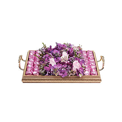 Graceful Mixed Flowers & Chocolates Golden Tray: Send Flowers N Chocolates to Qatar