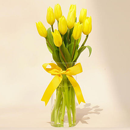 Serene Yellow Tulips Glass Vase: Flowers to Doha