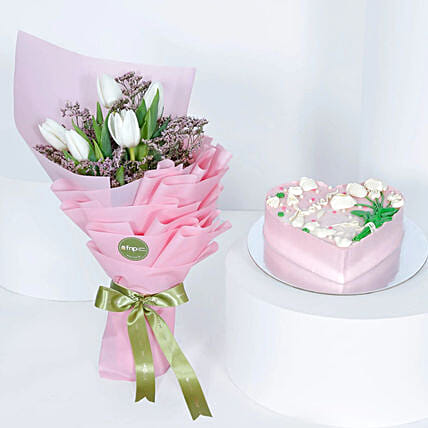 Tulip Flowers Bouquet with Heart Shape Cake: 